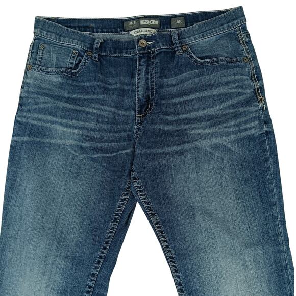 BKE Buckle Tyler Jeans Mens 38R 38X31 Blue Straight Leg Whiskered Distressed - Picture 1 of 14